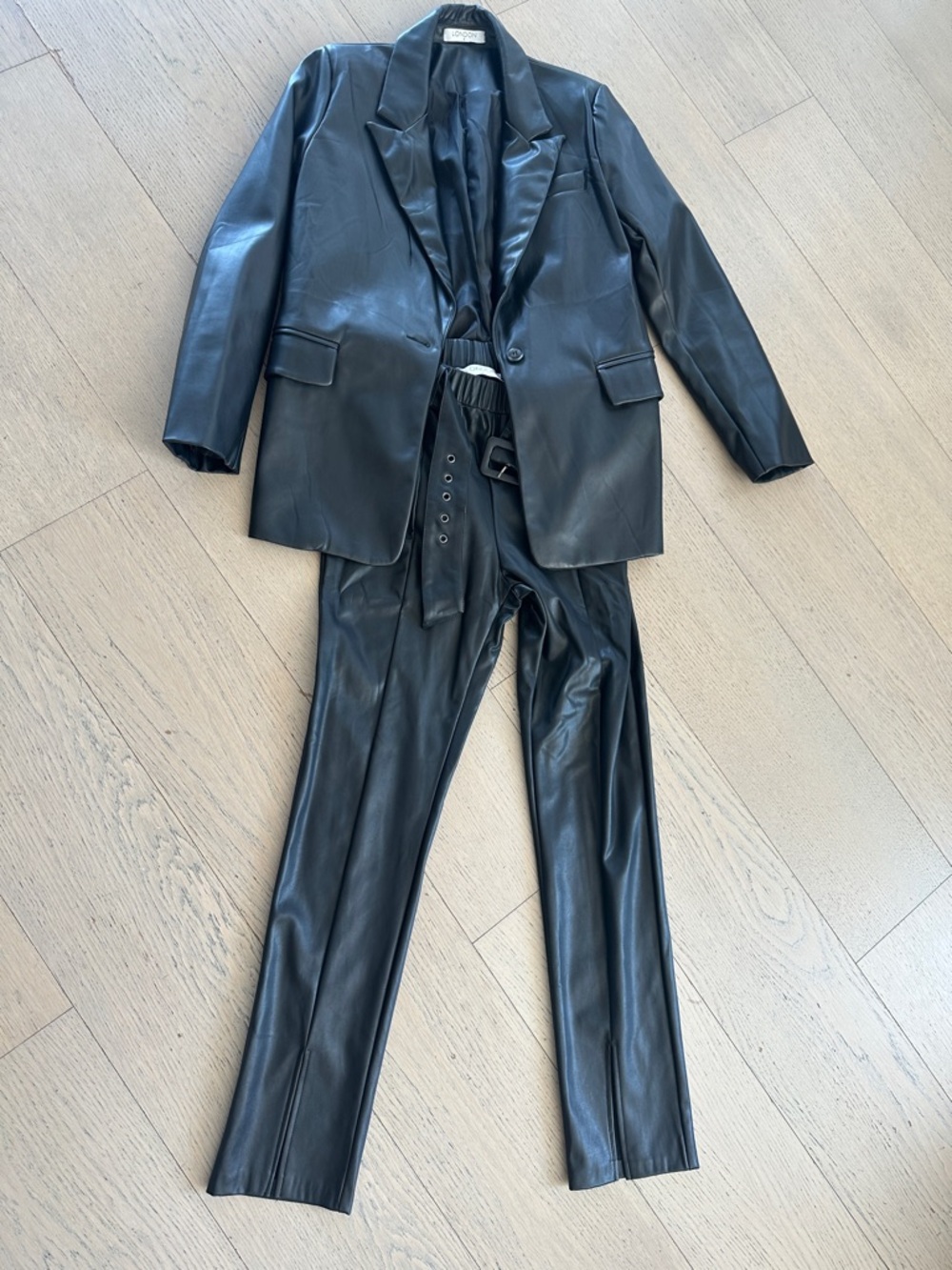 Black Faux Leather Women’s Fitted Blazer and Pant Set